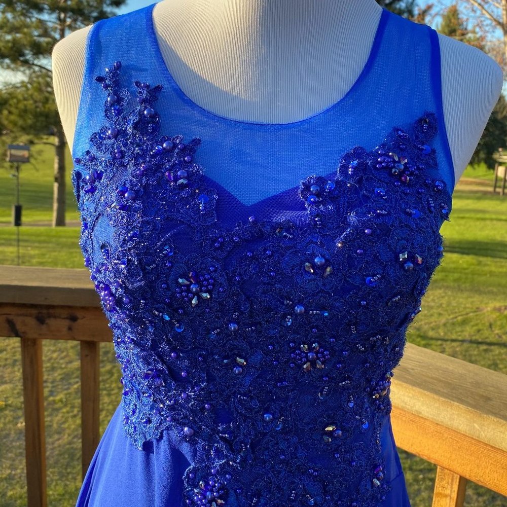 Formal Prom Long  Dress Blue Beaded Mesh 4 - Picture 11 of 12